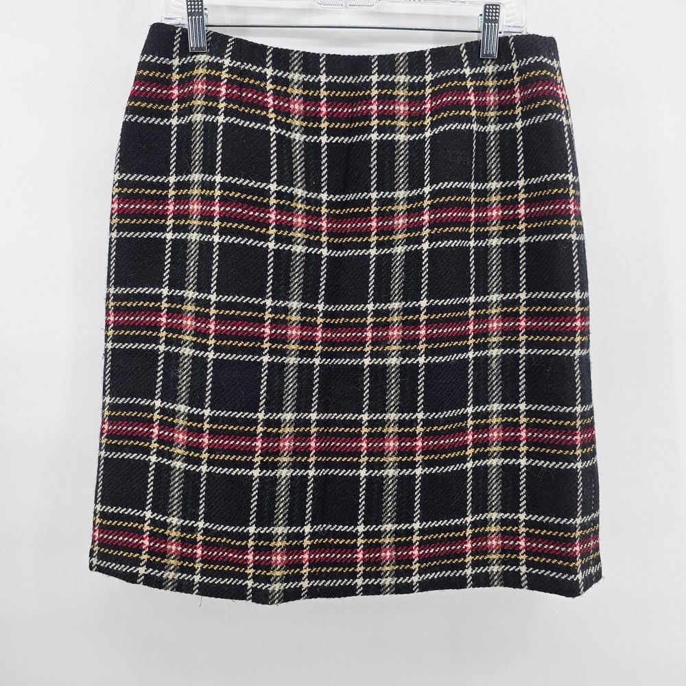 Talbots Plaid Wool Skirt Womens 12 Black Red Tartan Straight Mini Lined